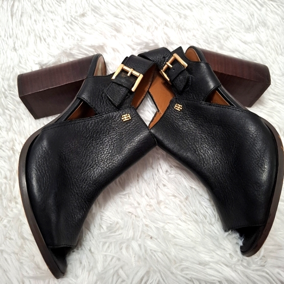 Tommy Hilfiger Peep Toe Open Heel Women's Bootie Pumps Shoes Leather Black 9M - Picture 4 of 10